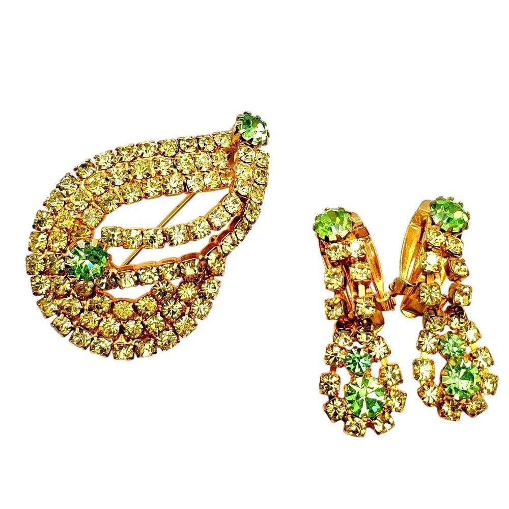 Citrine Green Rhinestone Brooch Clip Earrings Teardrop Gold Tone Dangle Drop Set